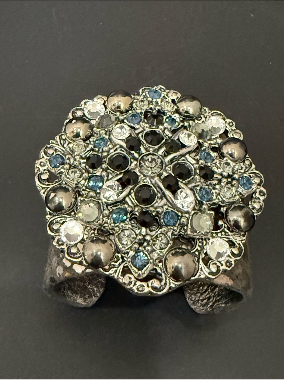 LEATHEROCK Embellished Rhinestones Flower Leather Open Cuff Statement Bracelet